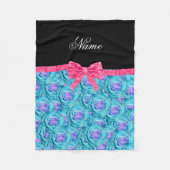 Aangepaste naam turquoise rozen roze glitter bow fleece deken (Voorkant)
