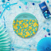 Aangepaste naam turquoise rubberducs blauwe streep papieren bordje (Feest)