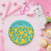 Aangepaste naam turquoise rubberducs blauwe streep papieren bordje (Feest)