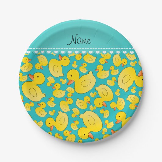 Aangepaste naam turquoise rubberducs blauwe streep papieren bordje (Voorkant)