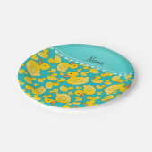Aangepaste naam turquoise rubberducs blauwe streep papieren bordje (Gekanteld)