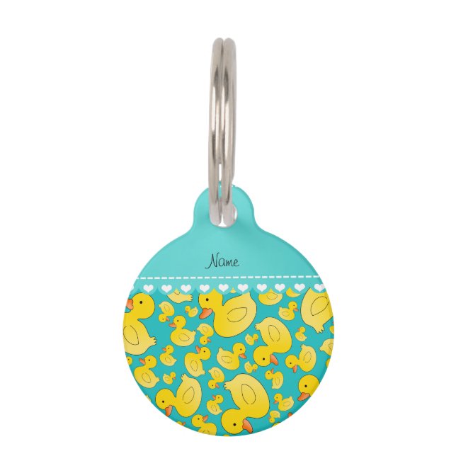 Aangepaste naam turquoise rubberducs hartstreep huisdierpenning (Voorkant)