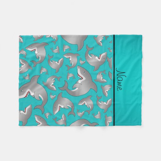 Aangepaste naam turquoise shark patroon fleece deken (Voorkant (Horizontaal))