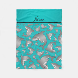 Aangepaste naam turquoise shark patroon fleece deken