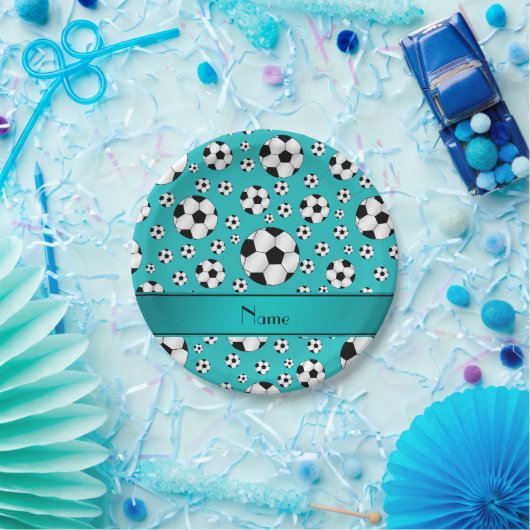 Aangepaste naam: turquoise-voetballen en stripe papieren bordje (Feest)