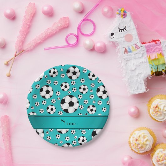 Aangepaste naam: turquoise-voetballen en stripe papieren bordje (Feest)
