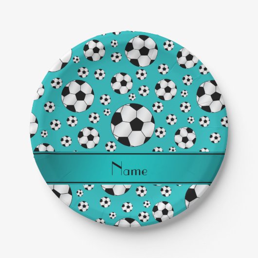 Aangepaste naam: turquoise-voetballen en stripe papieren bordje (Voorkant)