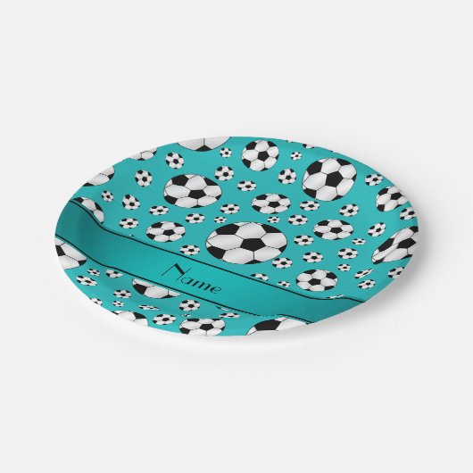 Aangepaste naam: turquoise-voetballen en stripe papieren bordje (Gekanteld)