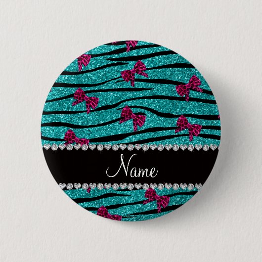 Aangepaste naam turquoise zebra stripes roze bogen ronde button 5,7 cm (Voorkant)
