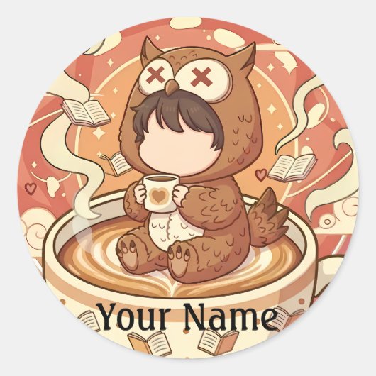 Aangepaste naam uil koffie sticker voor boekenlief (Voorkant)