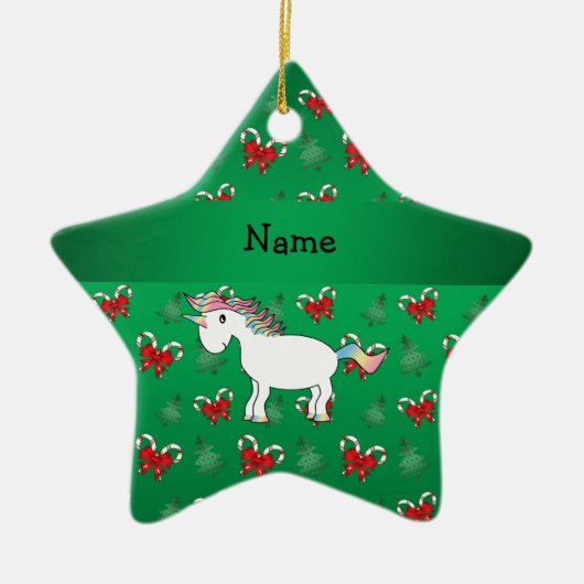 Aangepaste naam unicorn green candy bows keramisch ornament (Voorkant)