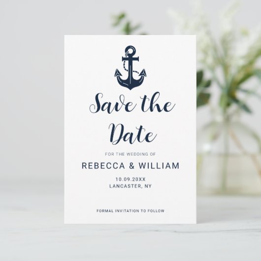 Aangepaste naam van boot anker Nautical Save The Date (Staand voorkant)