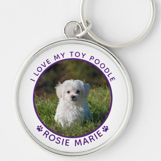 Aangepaste naam van knuffel hond met paarse pootaf sleutelhanger (Voorkant)