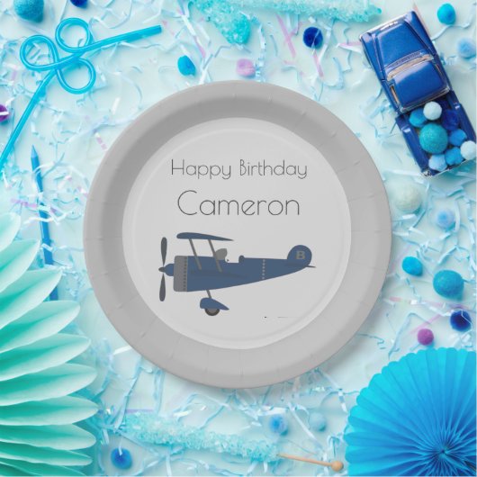 Aangepaste naam van Navy Blue  Plane Boy Papieren Bordje (Feest)