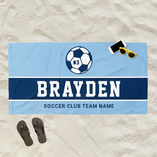 Aangepaste naam van Navy Blue Soccer Player Strandlaken