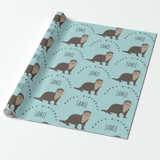Aangepaste naam van Otter Pattern Birthday Cadeaupapier (Uitgerold)