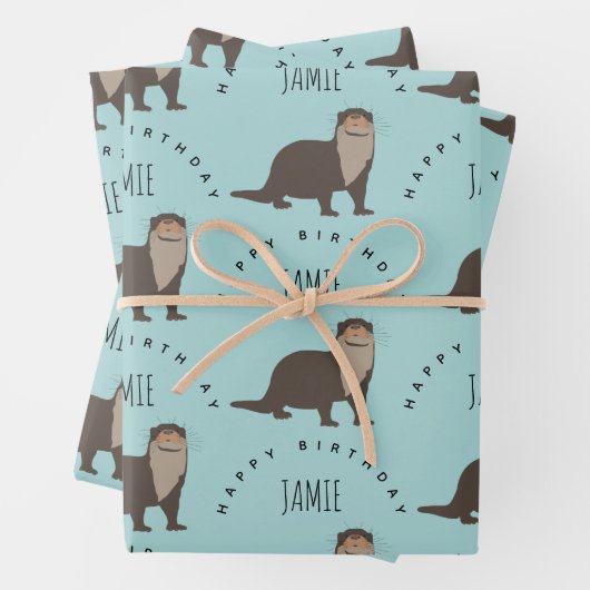 Aangepaste naam van Otter Pattern Birthday Inpakpapier Vel (In situ)