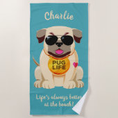Aangepaste naam van pug Life en tekst strandhanddo Strandlaken (Voorkant)