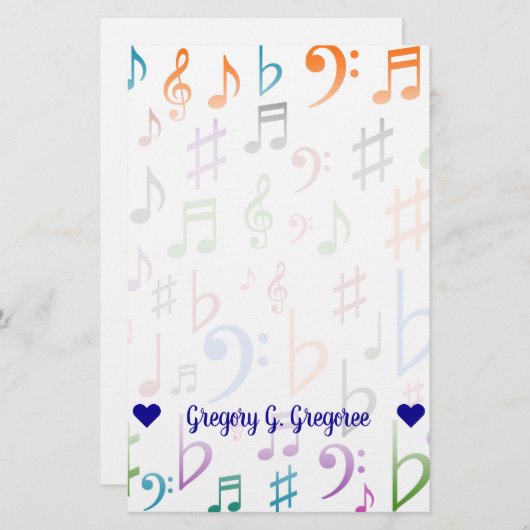 Aangepaste naam; Veel kleurrijke Muzieknoten en sy Briefpapier (Voorkant / Achterkant)