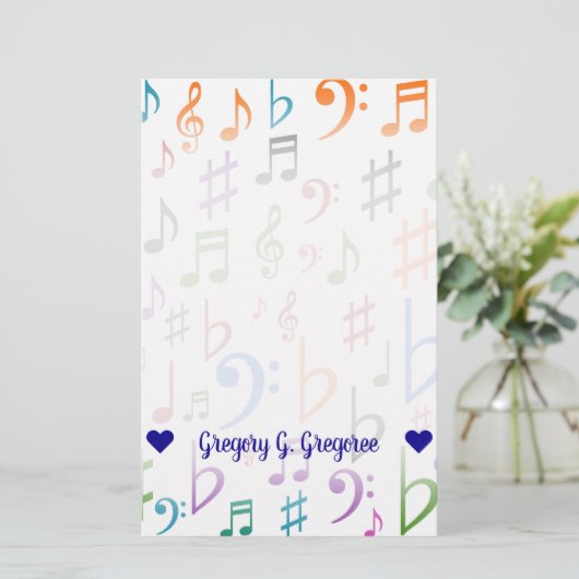 Aangepaste naam; Veel kleurrijke Muzieknoten en sy Briefpapier (Staand voorkant)