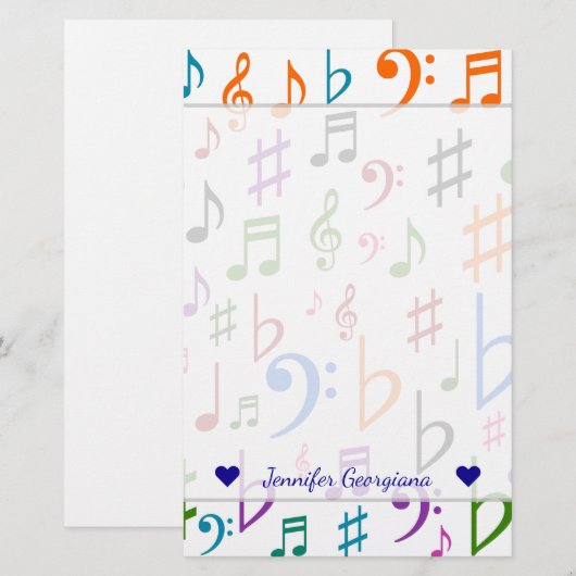 Aangepaste naam; Veel kleurrijke Muzieknoten en sy Briefpapier (Voorkant / Achterkant)