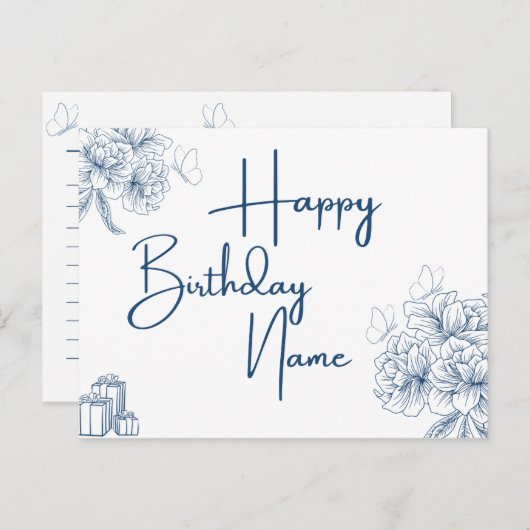 Aangepaste Naam Verjaardag Groet - Bloemen & Vlind Briefkaart (Voorkant / Achterkant)