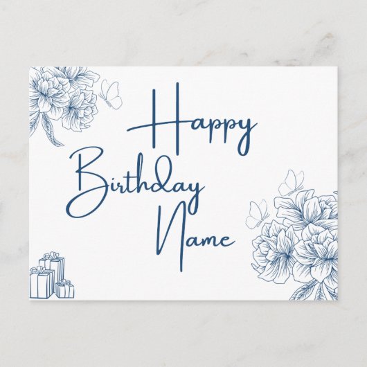 Aangepaste Naam Verjaardag Groet - Bloemen & Vlind Briefkaart (Voorkant)