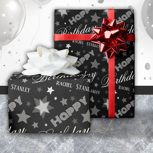Aangepaste naam Verjaardag Modern Schrift Sterren Cadeaupapier