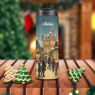 Aangepaste naam Vintage Kerst Illustratie Thermosbeker