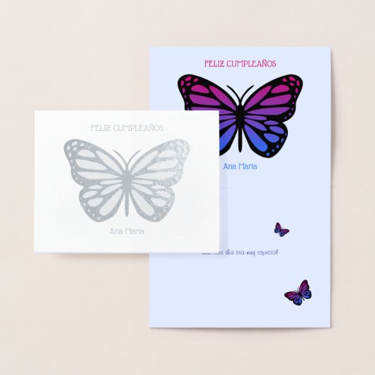 Aangepaste naam vlinder verjaardag cumpleanos zilv folie kaarten (Display)