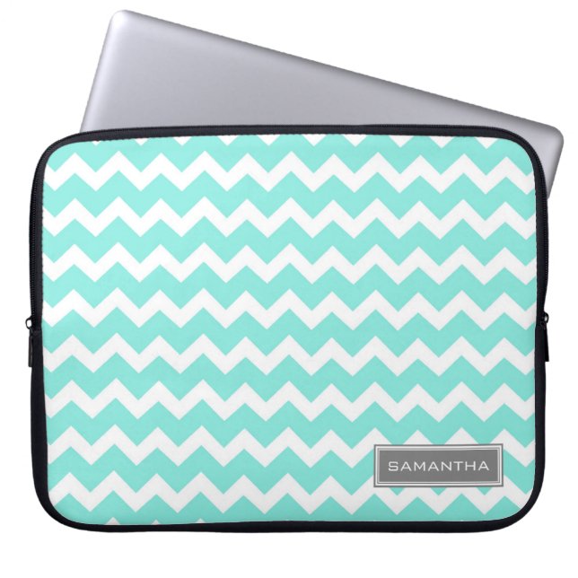 Aangepaste naam voor Blauwgroen Chevron-laptop Laptop Sleeve (Voorkant)