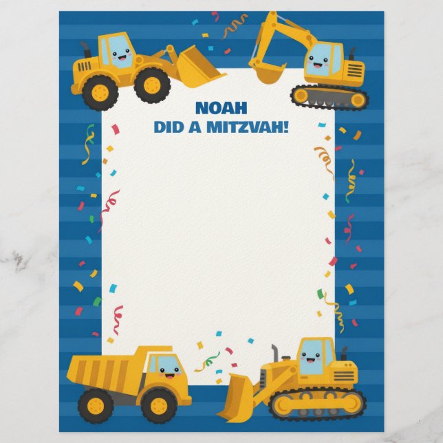 Aangepaste naam voor bouwtrucks Mitzvah Notes Briefhoofd (Voorkant)