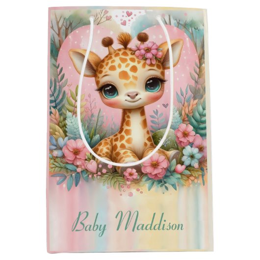 Aangepaste naam voor Cute Baby Giraffe Medium Cadeauzakje (Voorkant)