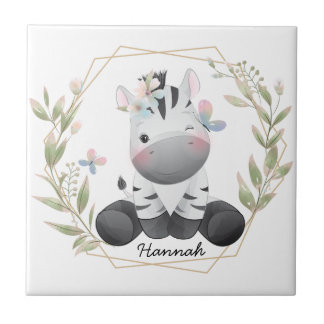 Aangepaste naam voor Cute Baby Zebra Flower Wreate Tegeltje