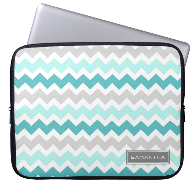 Aangepaste naam voor laptop Blauwgroen Ombre Chevr Laptop Sleeve (Voorkant)