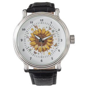 Aangepaste naam voor meisje retro zonnebloem cadea horloge