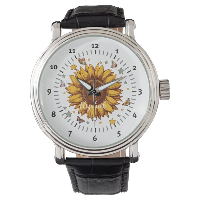 Aangepaste naam voor meisje retro zonnebloem cadea horloge (Voorkant)