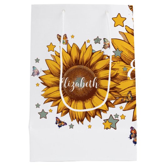 Aangepaste naam voor meisje retro zonnebloem cadea medium cadeauzakje (Achterkant)