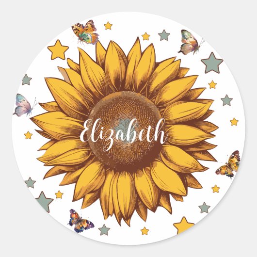 Aangepaste naam voor meisje retro zonnebloem cadea ronde sticker (Voorkant)