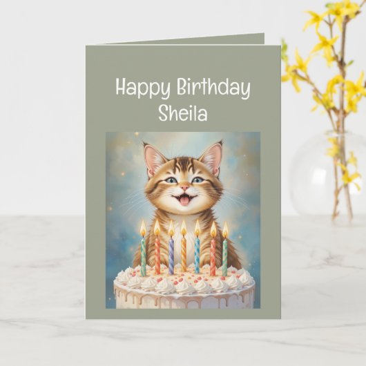 Aangepaste Naam Vrouwen Verjaardag Funny Cat Kaart (Gele Bloem)
