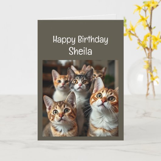 Aangepaste Naam Vrouwen Verjaardag Funny Cat Kaart (Gele Bloem)