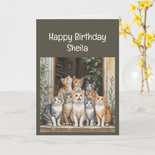 Aangepaste Naam Vrouwen Verjaardag Funny Cat Kaart (Gele Bloem)