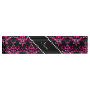 Aangepaste naam warm roze glitter damask naambordje