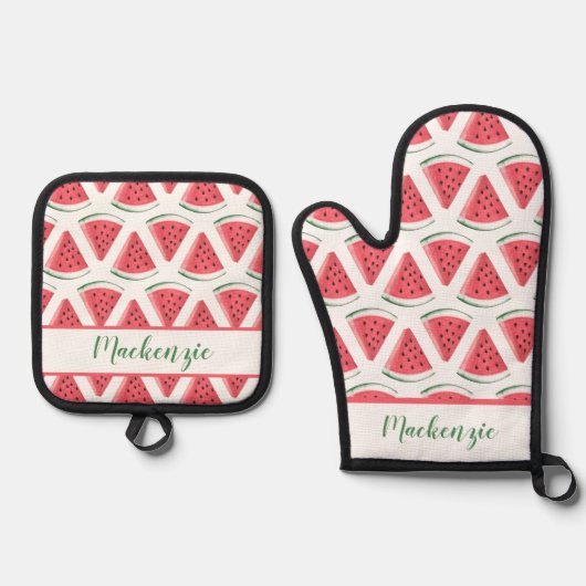 Aangepaste naam Watermelon Slice Zomer BBQ Ovenwant & Pannenlap Set (Voorkant)