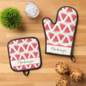 Aangepaste naam Watermelon Slice Zomer BBQ Ovenwant & Pannenlap Set (Top down)