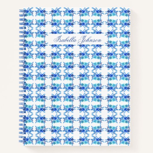 Aangepaste Naam Waterverf Blauw Bloemen Notitieboe Notitieboek (Voorkant)