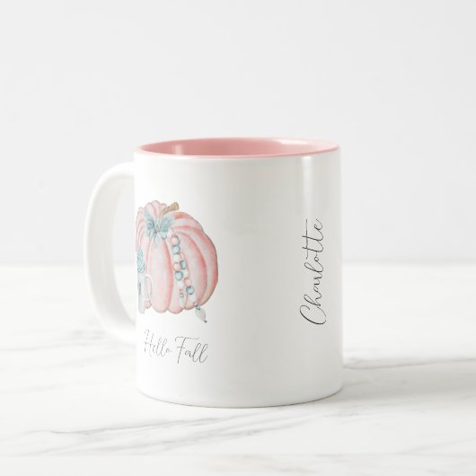 Aangepaste Naam Waterverf Blauw Roze Pompoen Herfs Tweekleurige Koffiemok (Voorkant links)