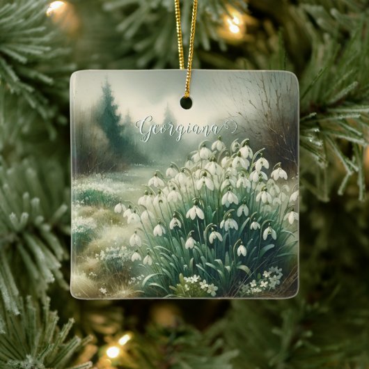 Aangepaste Naam Waterverf Bloemen Sneeuwklokjes Keramisch Ornament (Boom)