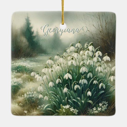 Aangepaste Naam  Waterverf Bloemen Sneeuwklokjes Keramisch Ornament (Achterkant)