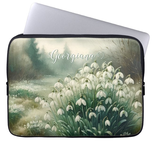 Aangepaste Naam  Waterverf Bloemen Sneeuwklokjes Laptop Sleeve (Voorkant)